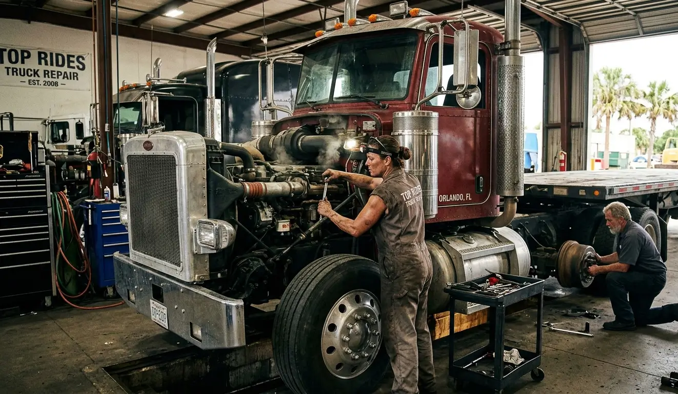 truck repair mechanics in Orlando FL repairing a semi truck
